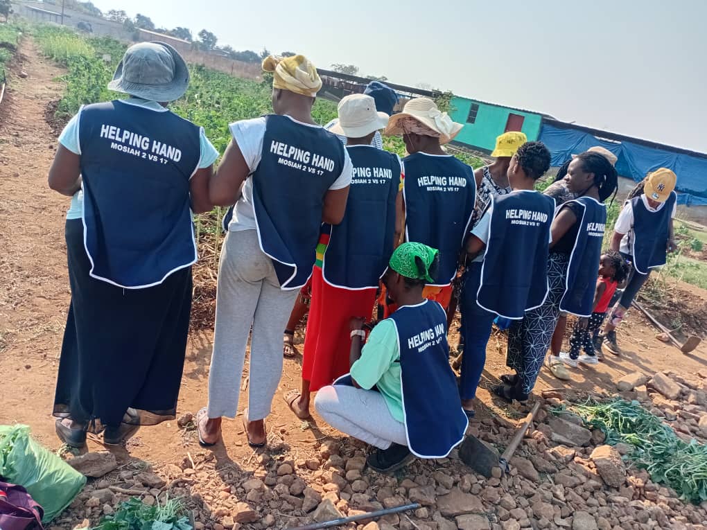 Volunteers in Helping Hand vests working in the beds at Sizinda Green Gardens